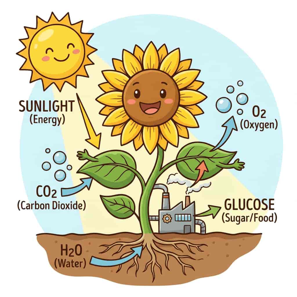 Plant photosynthesis principle cartoon generated with Nano Banana Ultra AI text to image