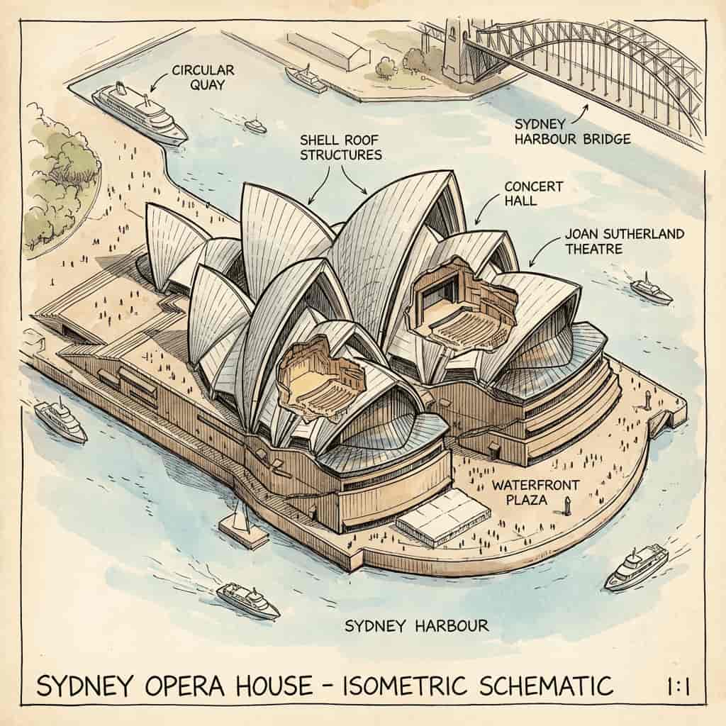 Sydney Opera House isometric diagram generated with Nano Banana Ultra AI text to image
