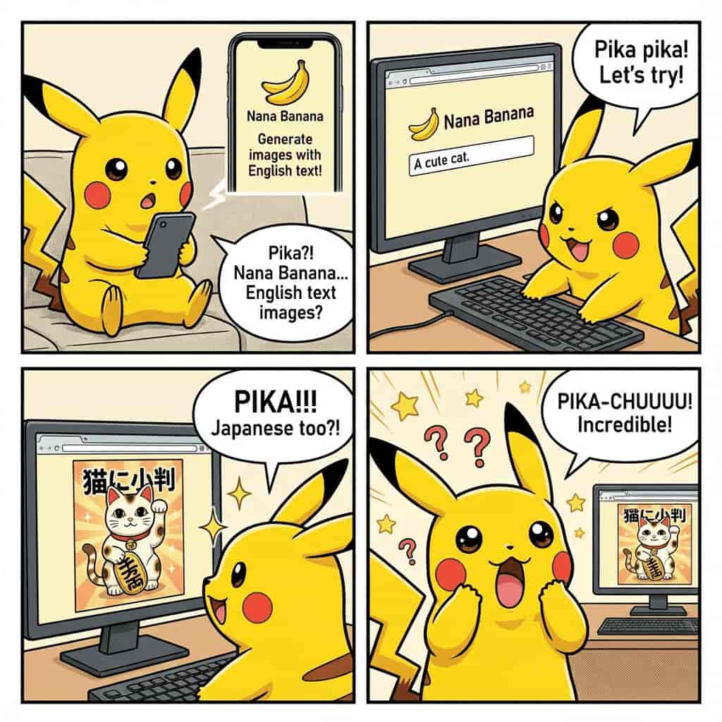 Pikachu four-panel comic generated with Nano Banana Ultra AI text to image
