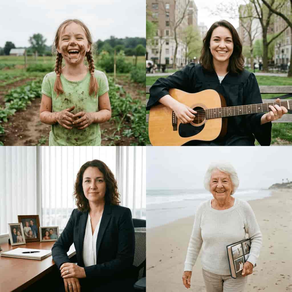 Four-panel character age progression generated with Nano Banana Ultra AI image to image